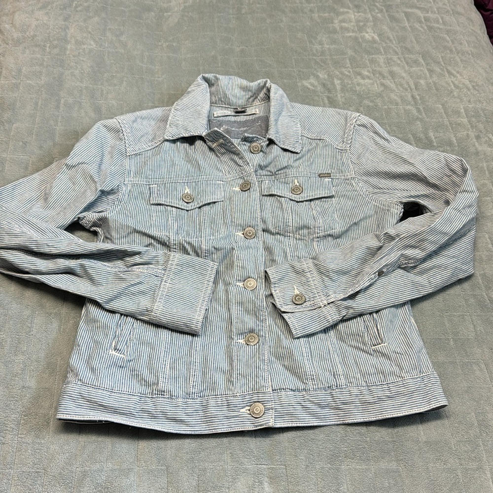 Eddie Bauer Engineer Denim Jacket, Blue, White, Stripes, Jean, Casual, Size M